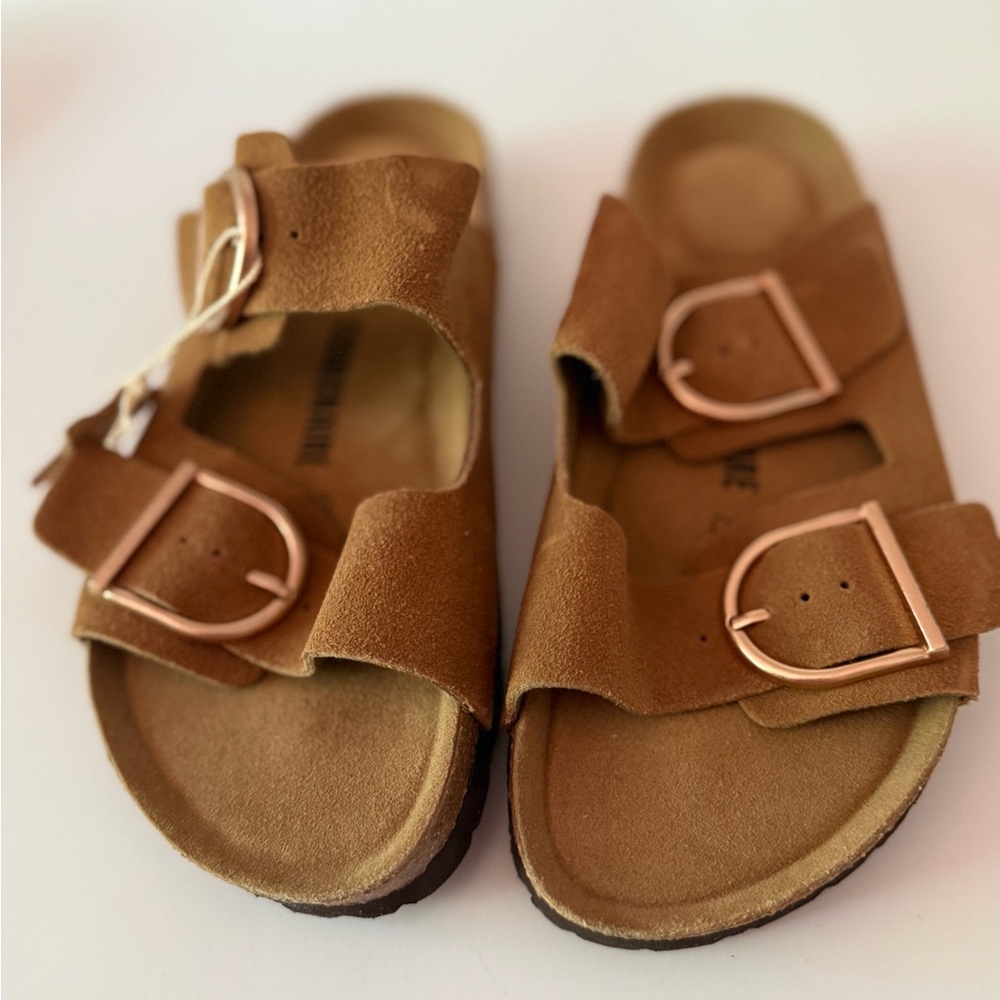 Cushionaire Double-Buckle Genuine Leather Slide Sandals in Brown Women’s 8